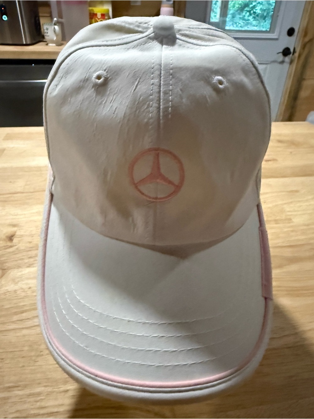 Women’s Mercedes White and Pink Baseball Cap with Embroidered Logo